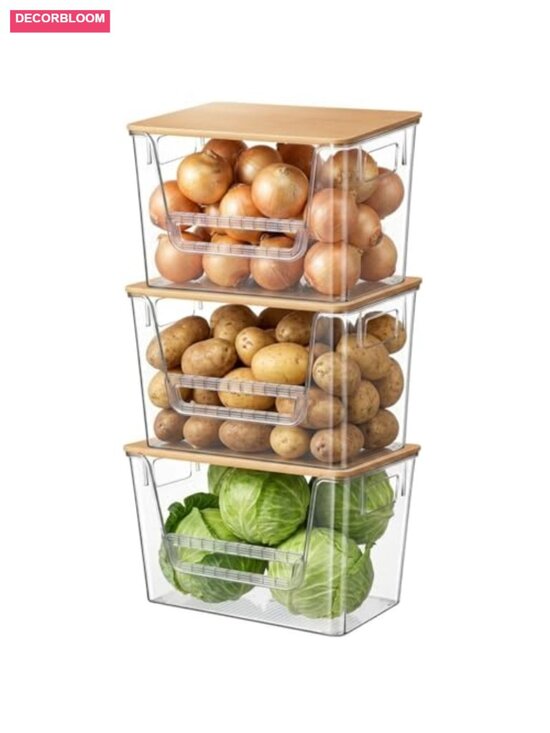 Other - 3 Set Pantry Organizers Storage Bamboo Lids Stackable Clear Plastic Bins